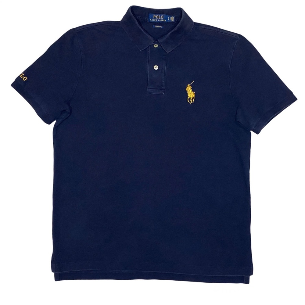 Polo Ralph Lauren navy blue polo shirt button collar short sleeve gold pony